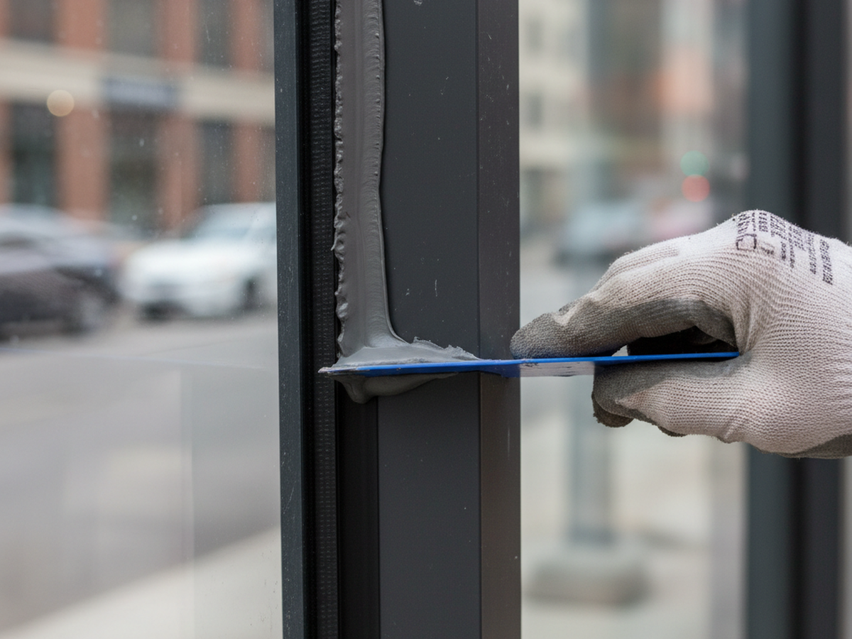 A glazier tooling a fresh grey silicone bead into the joint between an aluminium storefront mullion and glass
