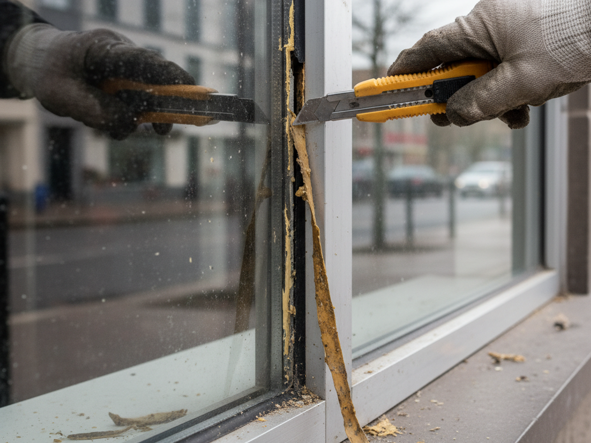 A utility knife lifting a long strip of old yellowed sealant away from a shopfront window frame
