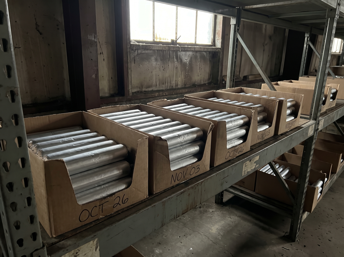 Trays of stock on a steel warehouse shelf with receiving dates written on the carton edges in marker