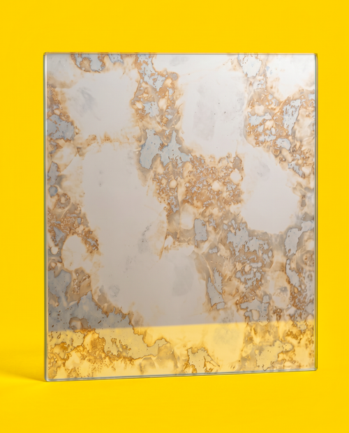 Antique mirror glass panel in the Golden Field pattern, front view, standing on a yellow background