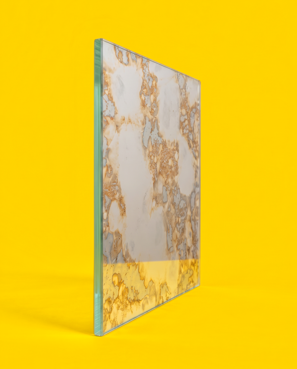 Antique mirror glass panel in the Golden Field pattern, side view showing the edge, on a yellow background