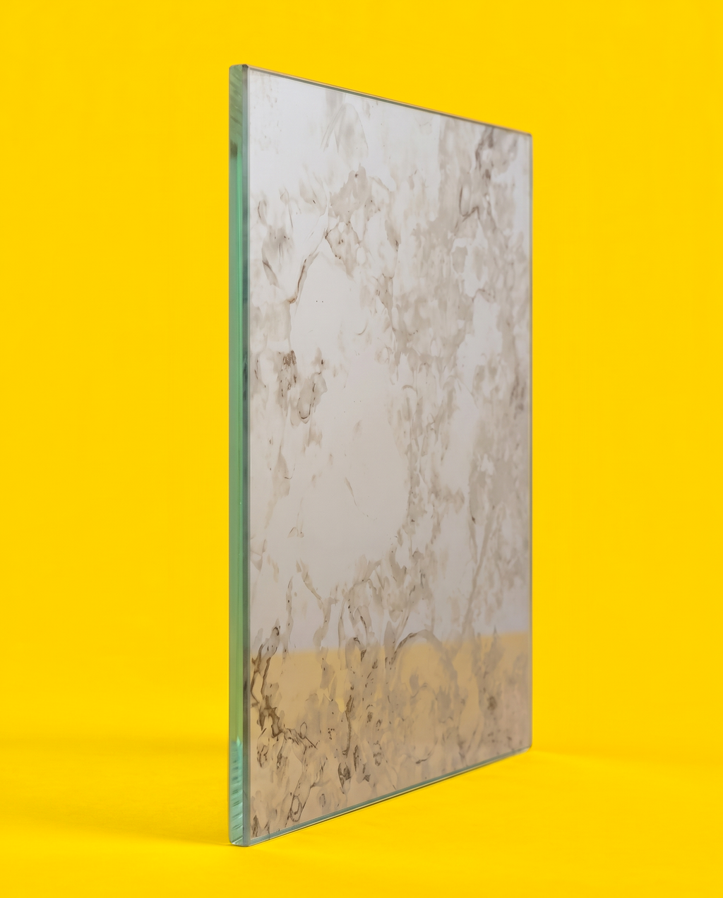Antique mirror glass panel in the Silver Night pattern, side view showing the edge, on a yellow background