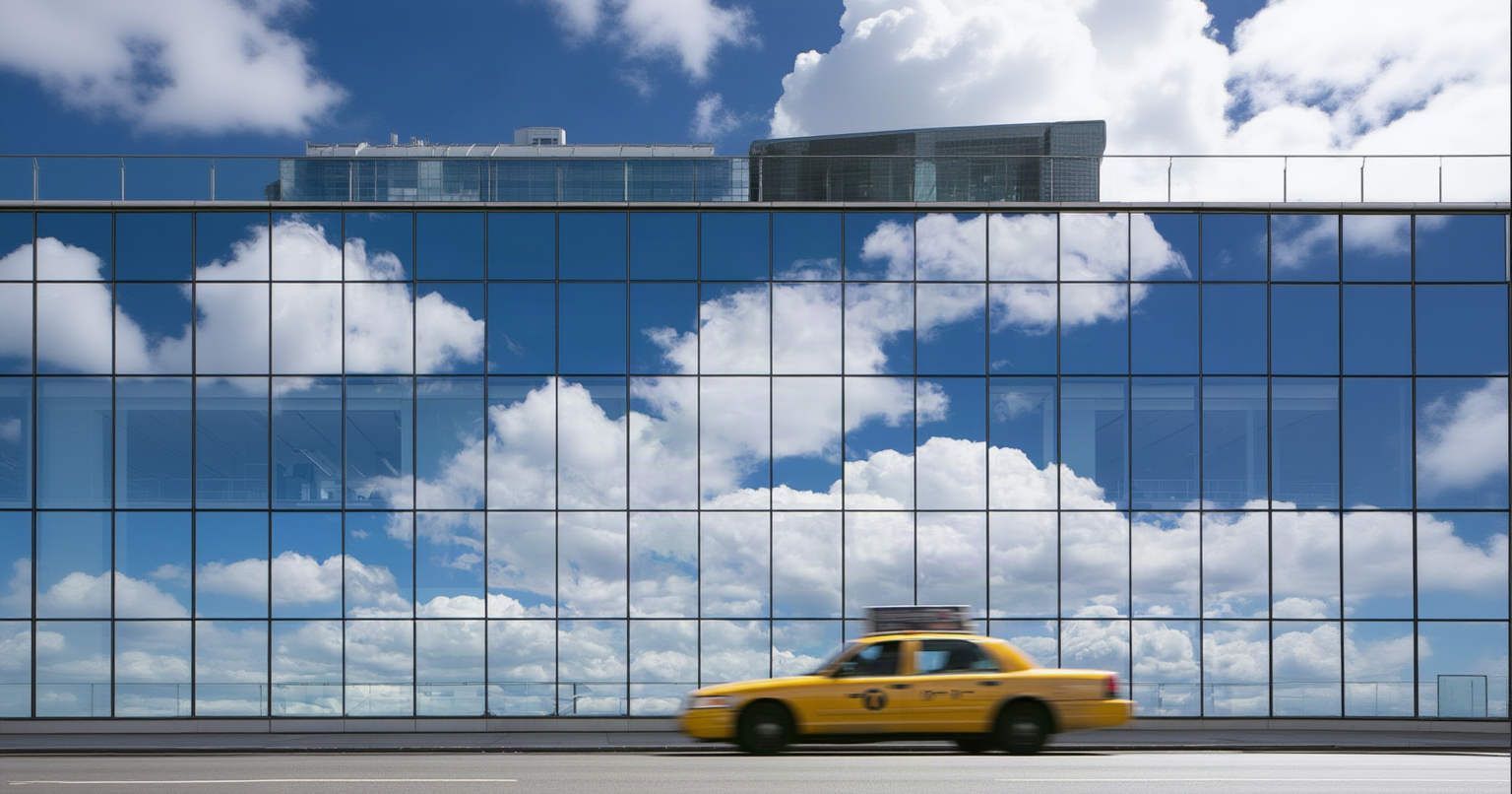 Close-up of a glass curtain wall reflecting blue sky and clouds, with a yellow New York taxi driving past in front of it