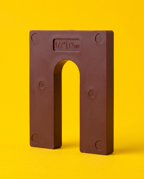 Brown 1/2 inch horseshoe shim with the 1/2" 12mm gauge embossed on the face, yellow background