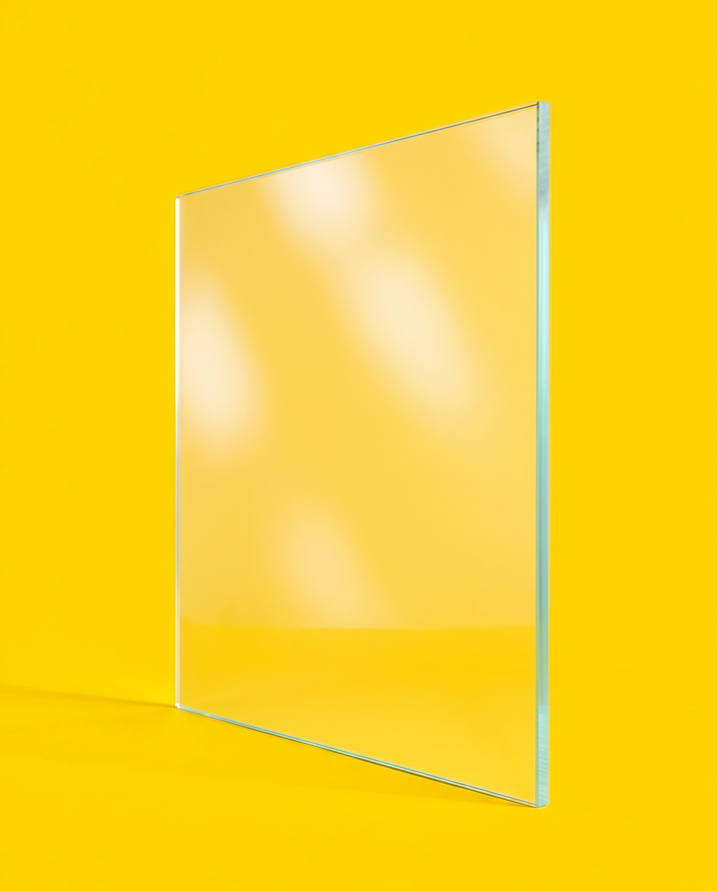 Low-iron extra clear glass panel standing on a yellow background, almost colorless edge