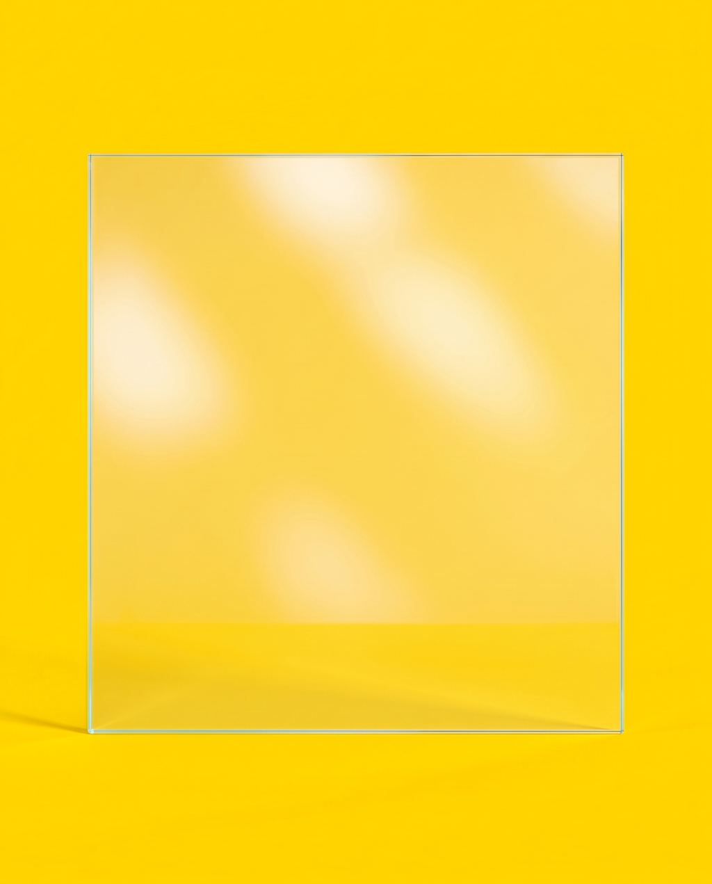 Low-iron extra clear glass panel, front view, on a yellow background