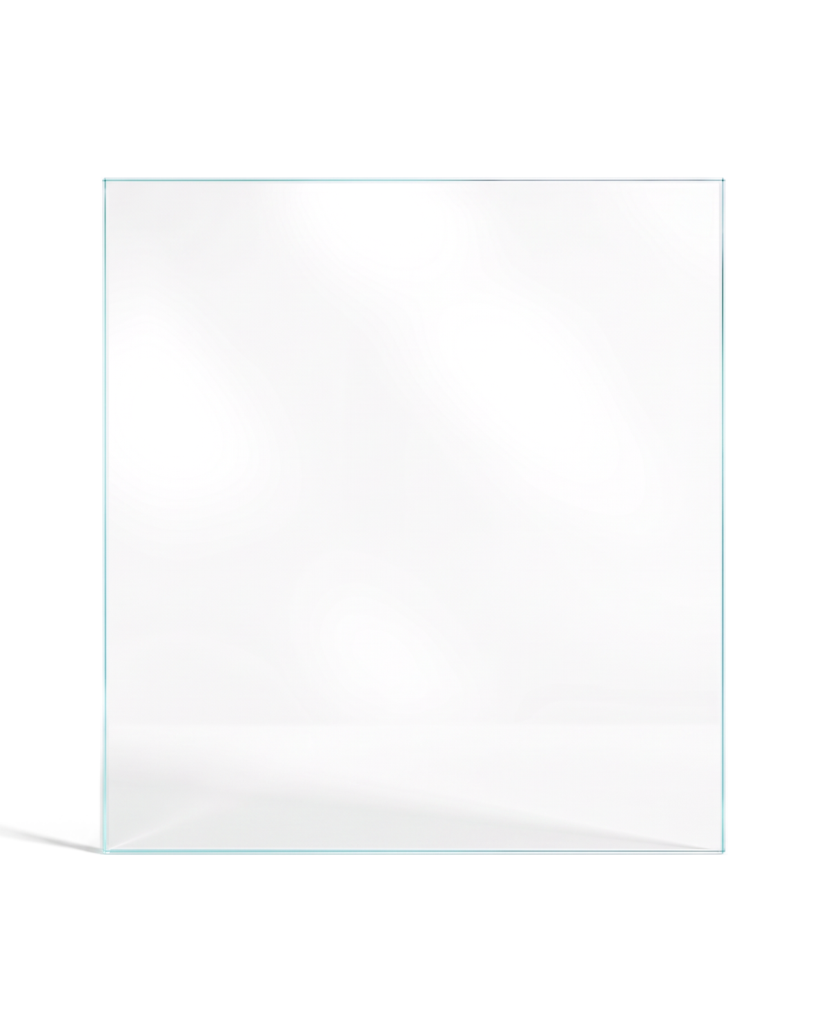Low-iron extra clear glass panel, front view on a white background
