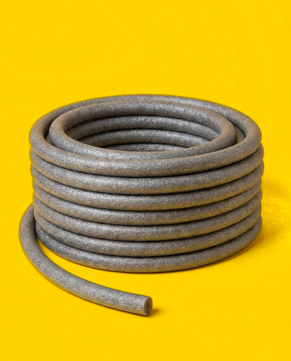 Coil of grey soft-type bi-cellular foam backer rod with the cut end facing the camera, showing the round cross section