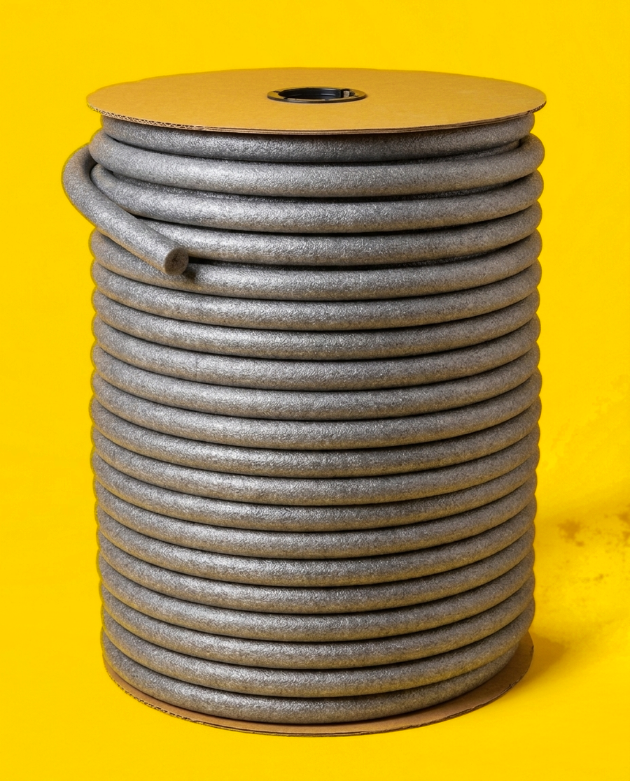 Factory-wound spool of grey soft-type bi-cellular polyethylene foam backer rod on a kraft reel, ASTM C1330 Type B