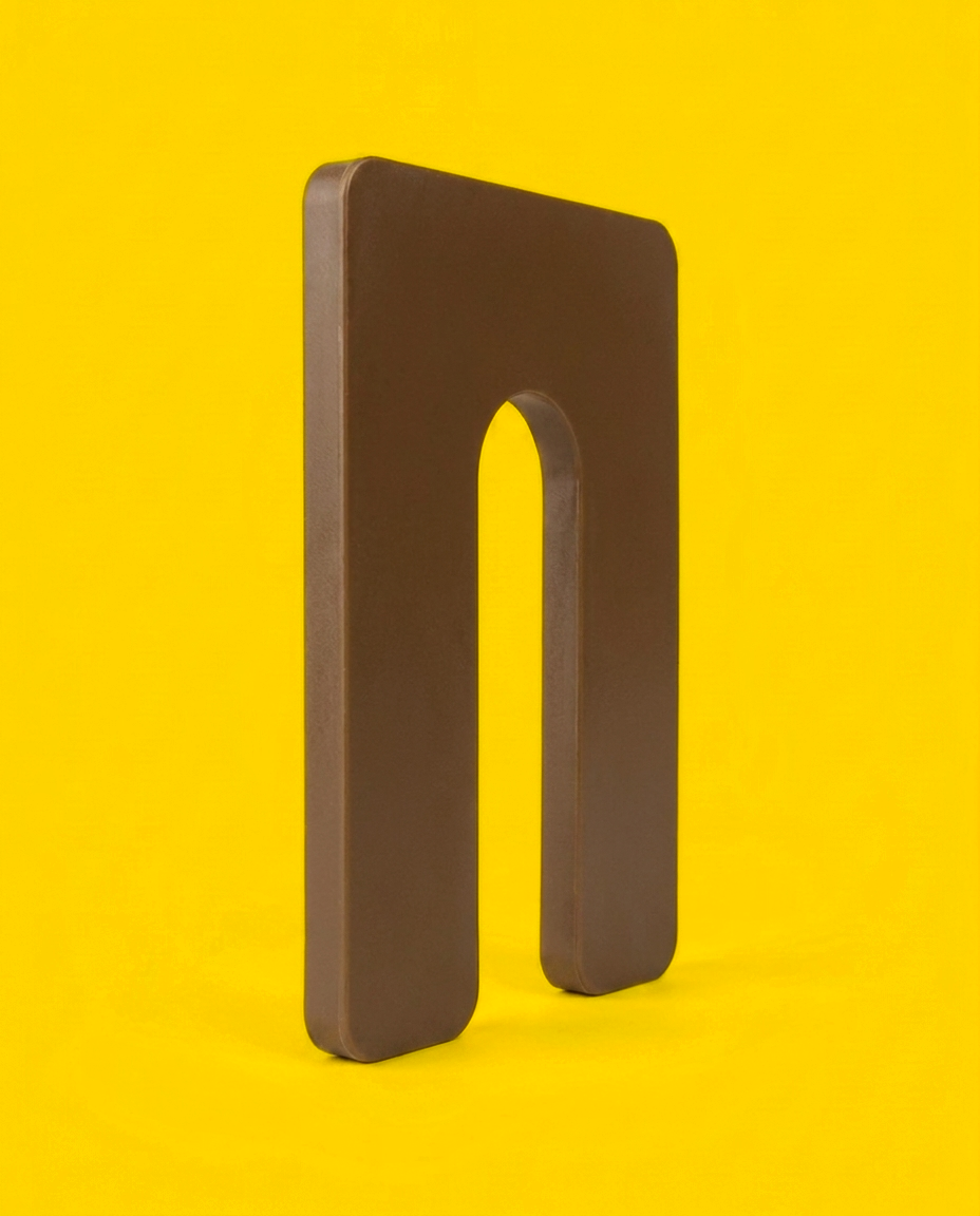 Brown 1/2 inch horseshoe shim, 3 by 4 inch plastic, standing on edge showing the thick moulded edge and the U-slot