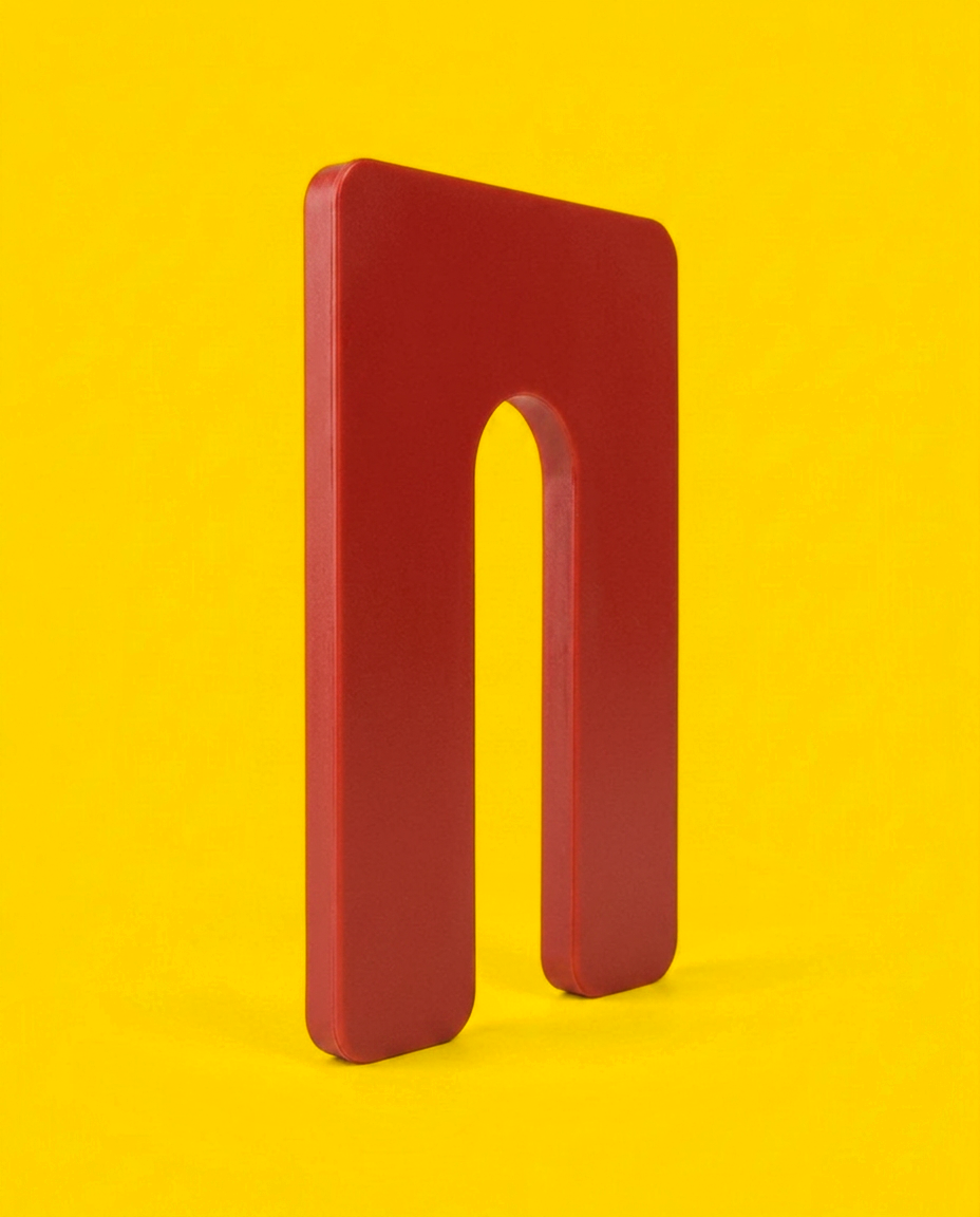 Red 1/8 inch horseshoe shim, 3 by 4 inch plastic, standing on edge showing the moulded edge and the U-slot