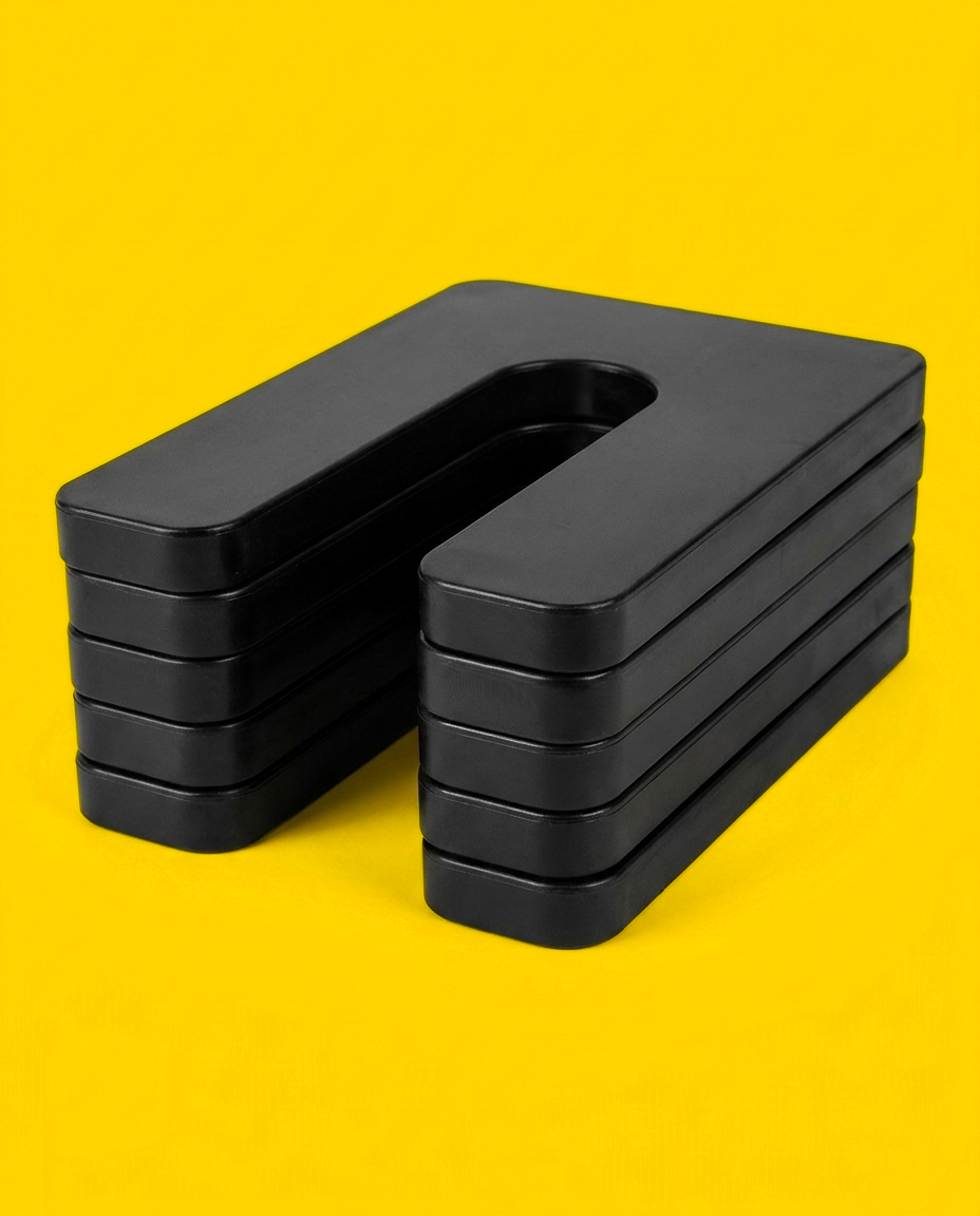 Stack of five black horseshoe shims with the slots aligned, showing the consistent gauge of each layer