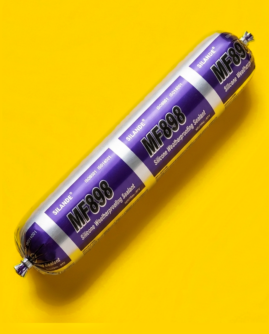 Silande MF898 silicone weatherproofing sealant, 592 ml foil sausage, lying diagonally on a yellow background