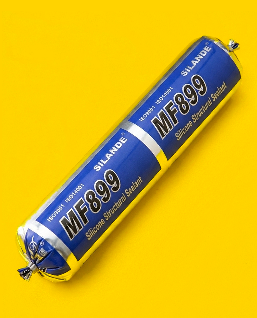 Silande MF899 silicone structural sealant, 592 ml foil sausage, lying diagonally on a yellow background