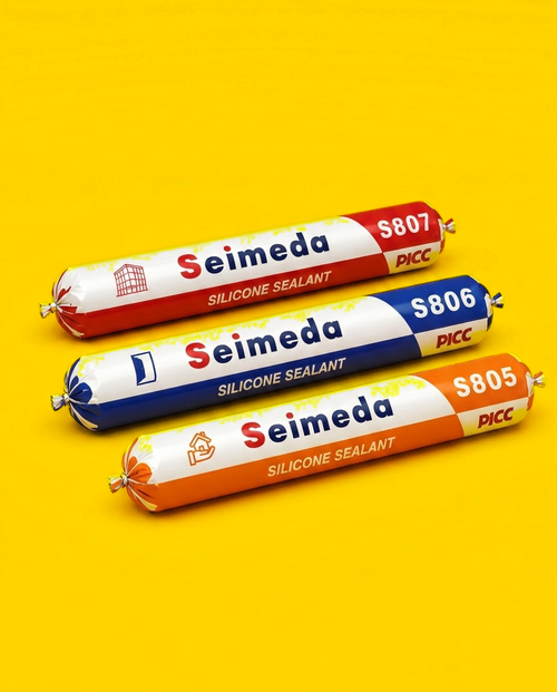 Three Seimeda neutral cure silicone sealant sausage packs, S807 red, S806 blue and S805 orange, foil sausage packaging