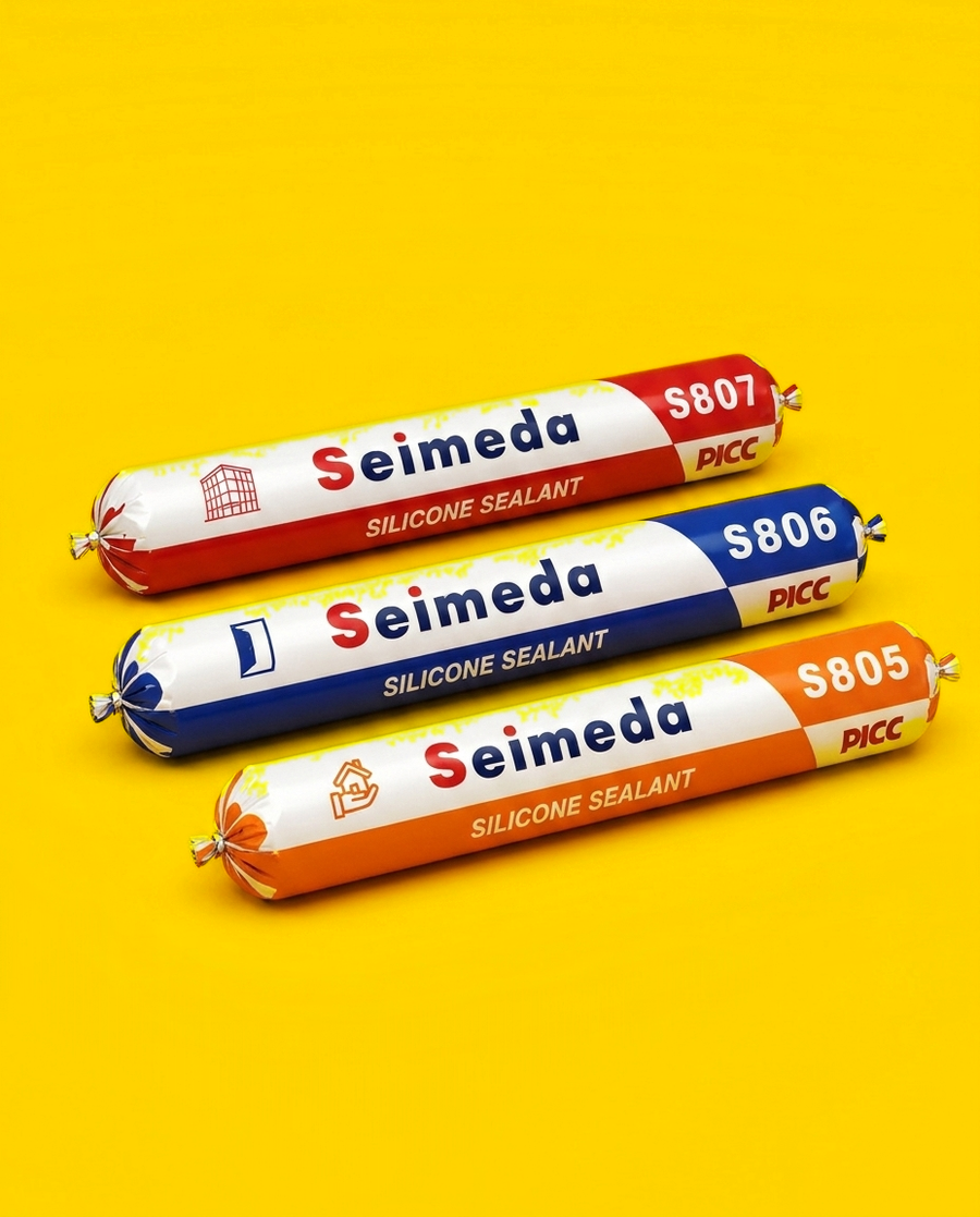 Three Seimeda neutral cure silicone sealant sausage packs, S807 red, S806 blue and S805 orange, foil sausage packaging