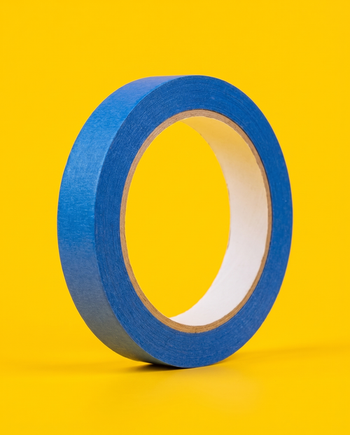 Roll of blue masking tape, 1 inch wide, standing on edge on a yellow background