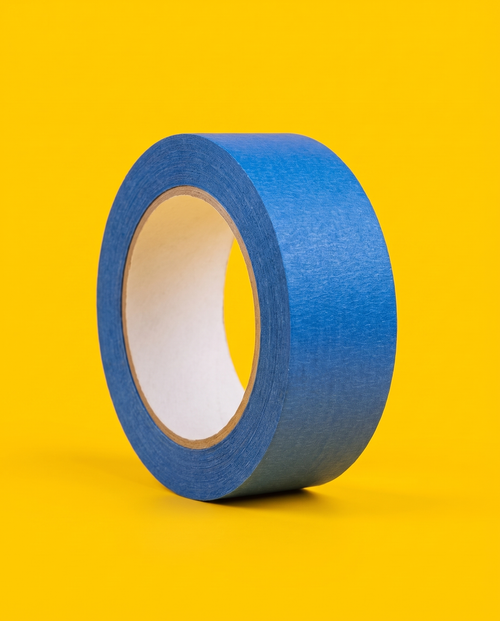 Roll of blue masking tape, 2 inch wide, standing on edge on a yellow background